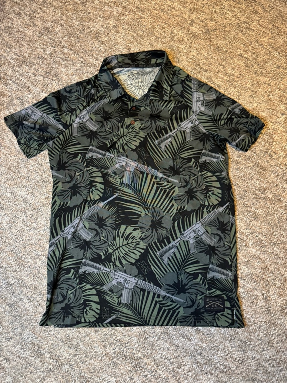 Grunt Style Green and Black Tropical/gun Print Polo